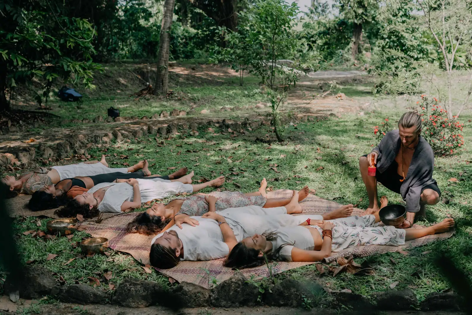 Practitioners in the open-air shala at Senses