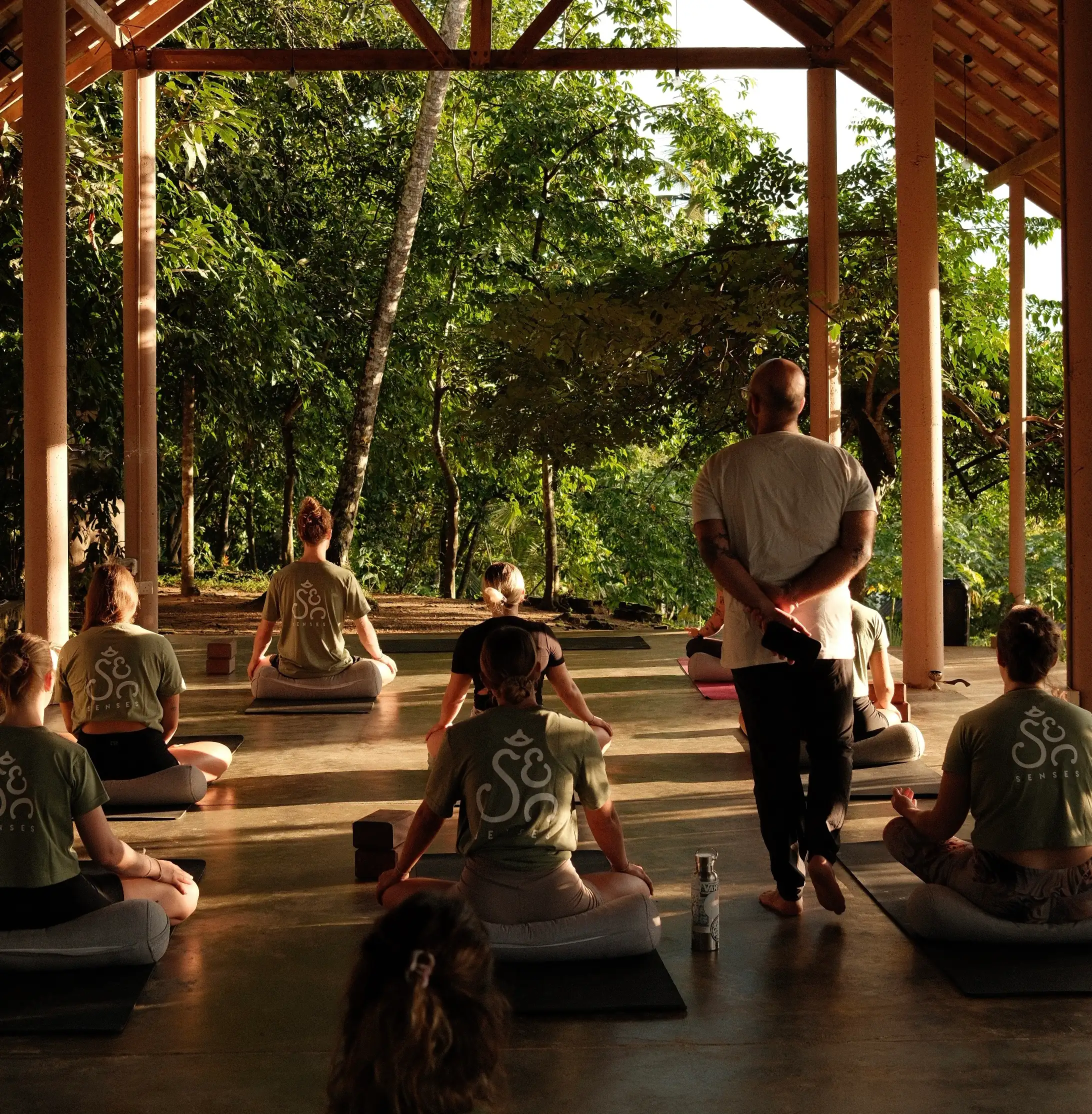 Students in olive Senses shirts sitting cross-legged on their mats in the open wooden shala at sunrise, facing the jungle, with a teacher standing beside them